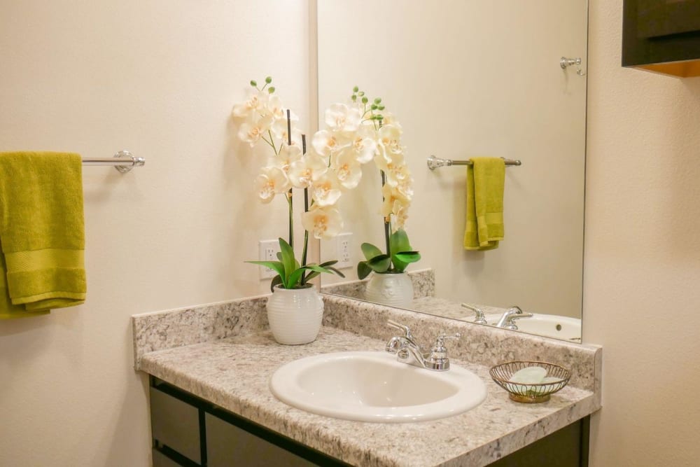 Model bathroom with granite countertops at Anatole on MacArthur in Oklahoma City, Oklahoma