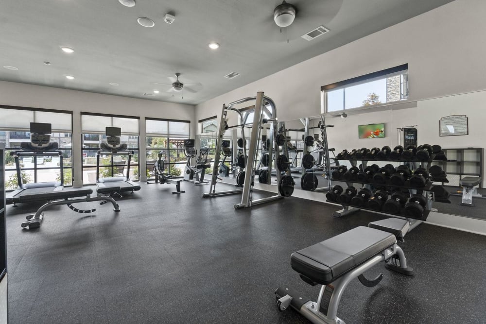 Fully equipped fitness center at Auberge of Tyler in Tyler, Texas