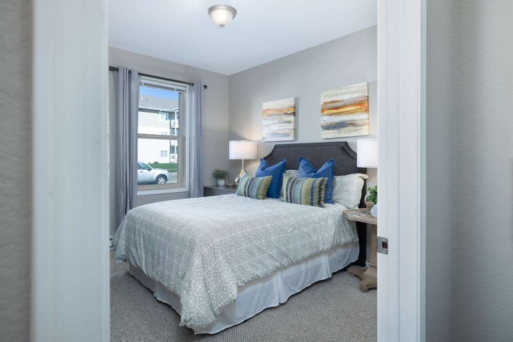 Bedroom of a model apartment at University Commons in Williston, North Dakota