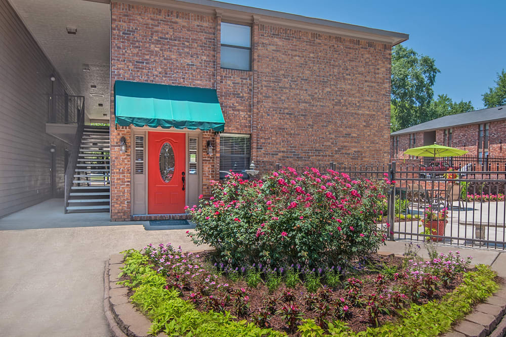 Flowers outside the pool entrance at The Village on Cherokee in Columbus, Georgia