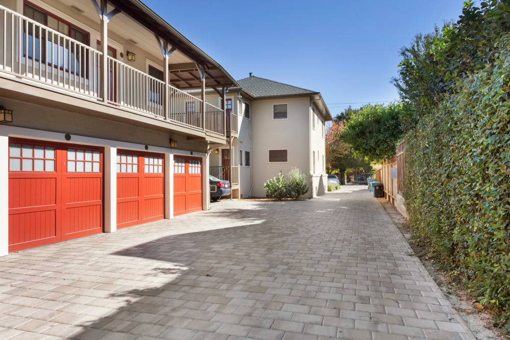 Cobblestone in front of the garages at Hawthorne Apartments in Palo Alto, California