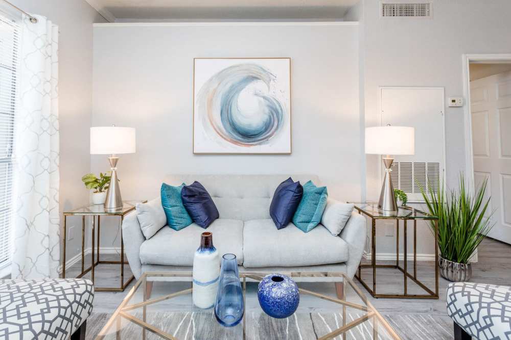Modern living room at Green Tree Place in Houston, Texas