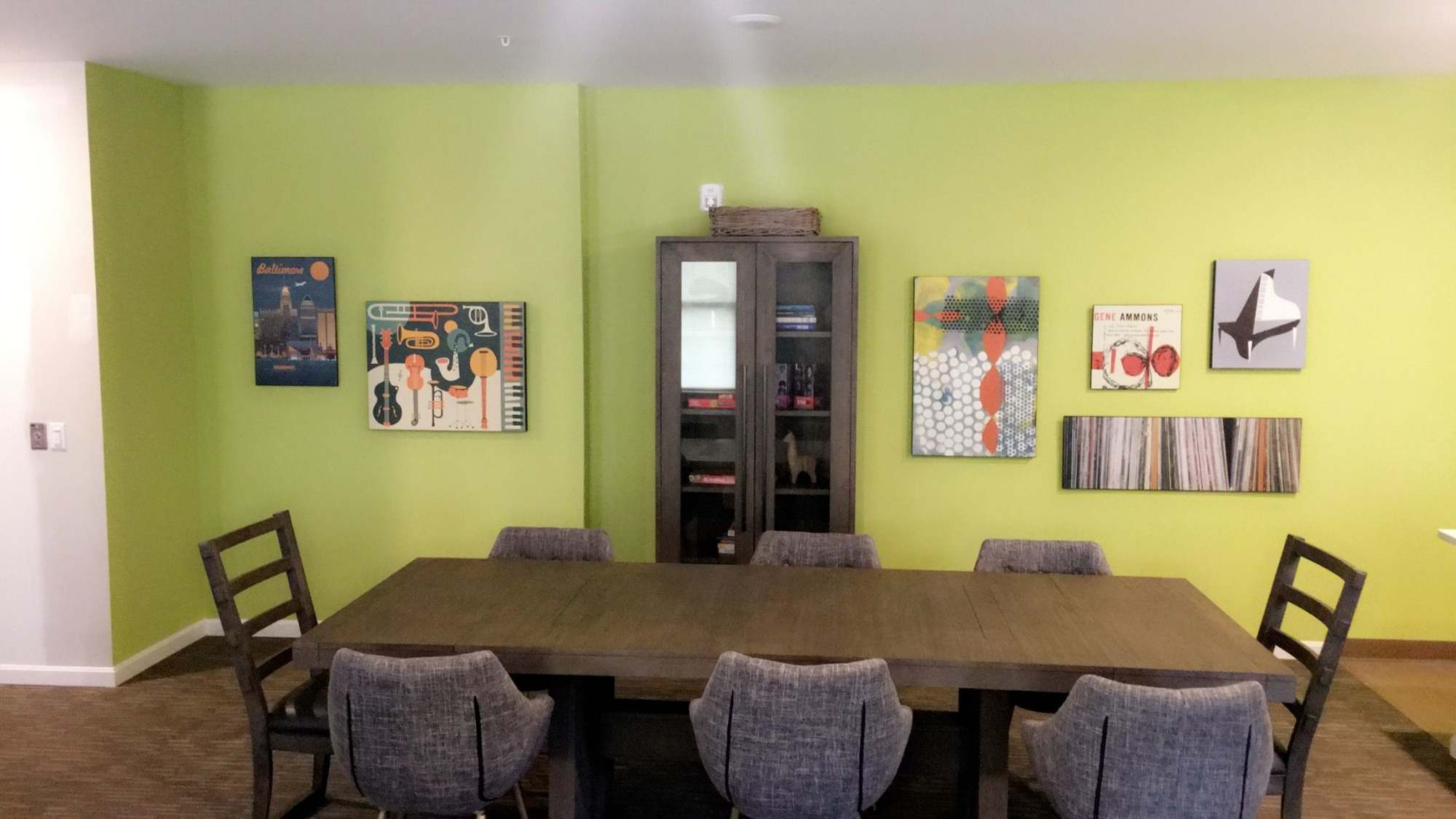 Lobby area with green accents North Avenue Gateway II in Baltimore, Maryland