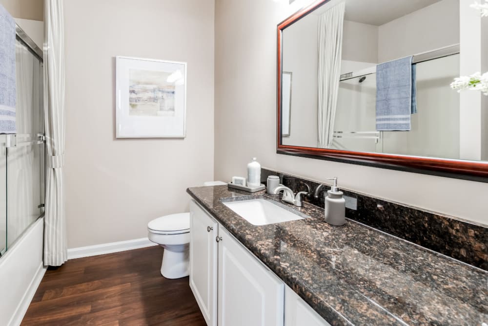 Bathroom with granite counter and shower/tub combo at Marquis at Carmel Commons in Charlotte, North Carolina
