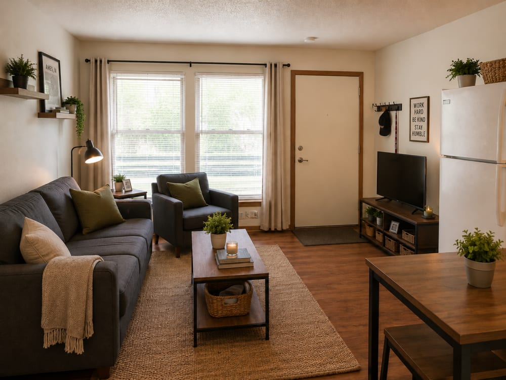 Cozy living room with wood-style flooring, large windows, and modern furnishings, perfect for relaxation at South Oak in Ames, Iowa