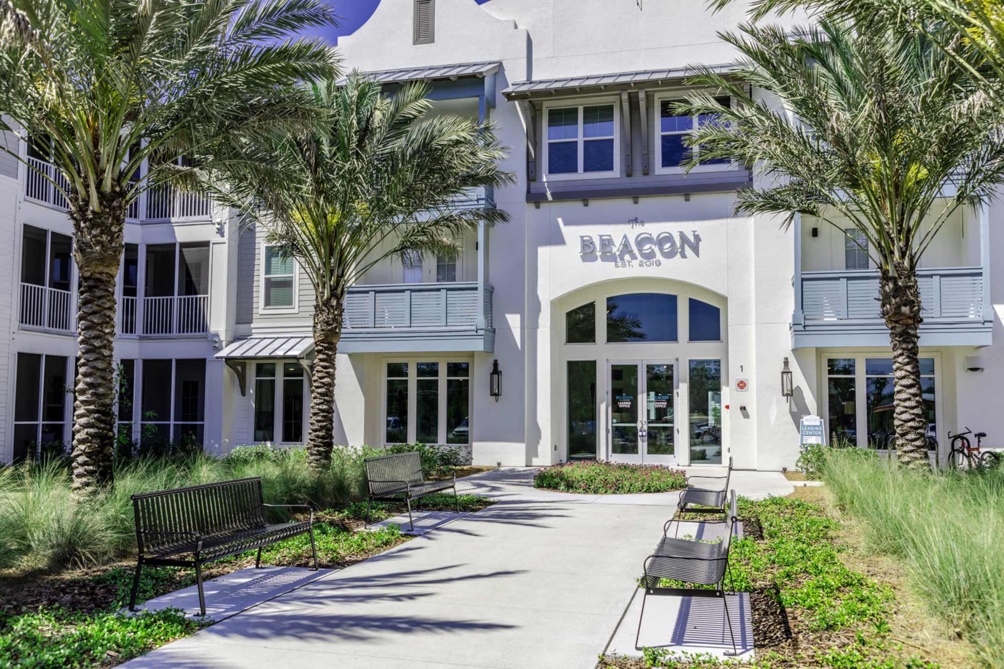Entrance of the apartment building at The Beacon in New Smyrna Beach, Florida