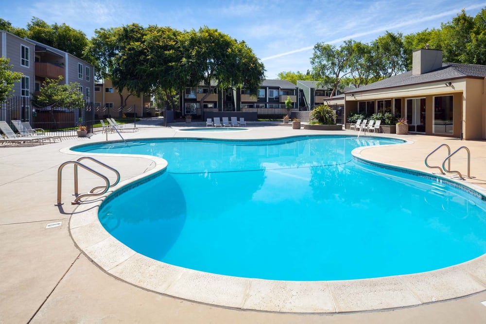 Bright blue pool and sunny deck at Bidwell Park Fremont in Fremont, California