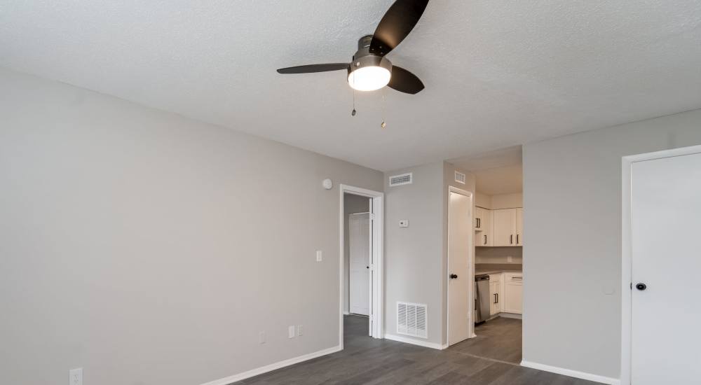 View of the living room with wood style flooring at Northside Terrace in Chattanooga, Tennessee     