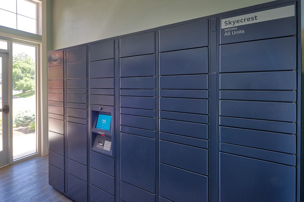 The convenient package room at Skyecrest Apartments in Lakewood, Colorado