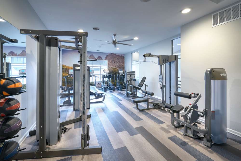 Fitness center with boxing machine at Alton Green Apartments in Denver, Colorado