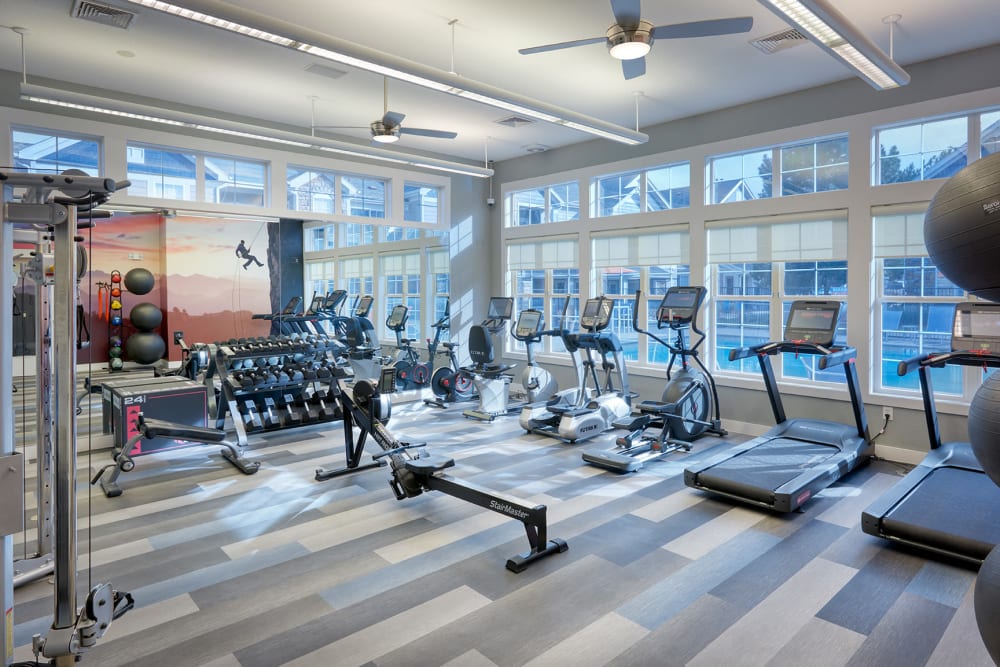 Clean, modern community gym at Crestone Apartments in Aurora, Colorado