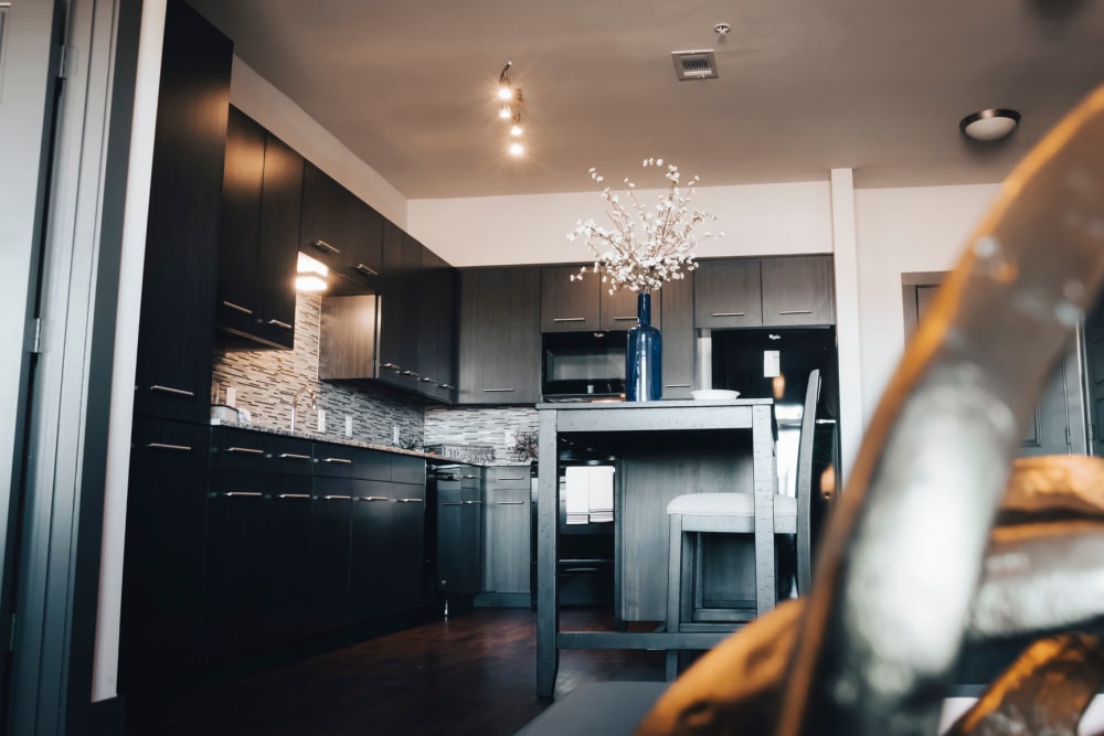 Kitchen with black appliances atTerra at University North Park in Norman, Oklahoma