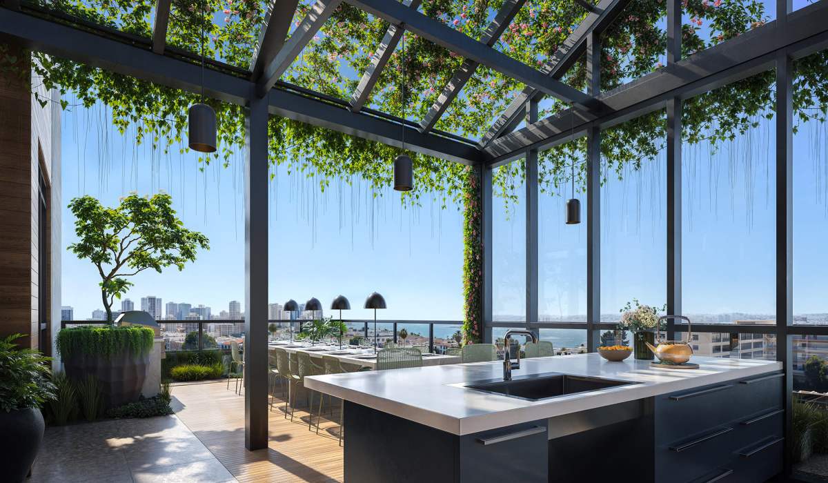 Rooftop outdoor lounge with city views at Treehouse in San Diego, California