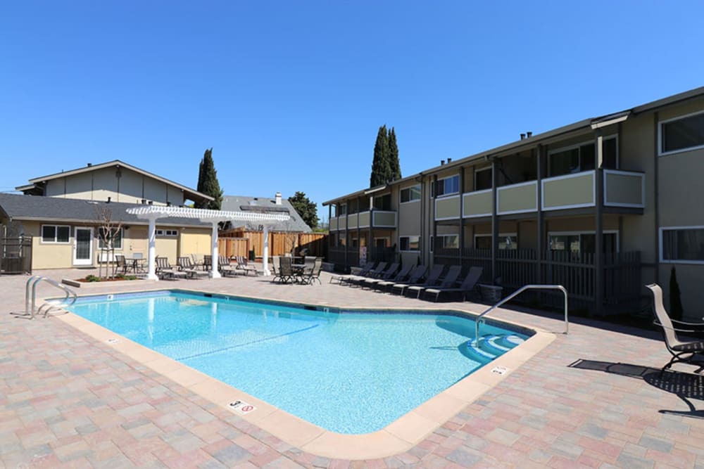 Chaise lounge chairs by the pool at Fremont Arms Apartment Homes in Fremont, California
