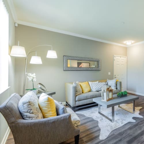 Living room with modern furnishings at Pinnacle at Galleria Apartments in Roseville, California