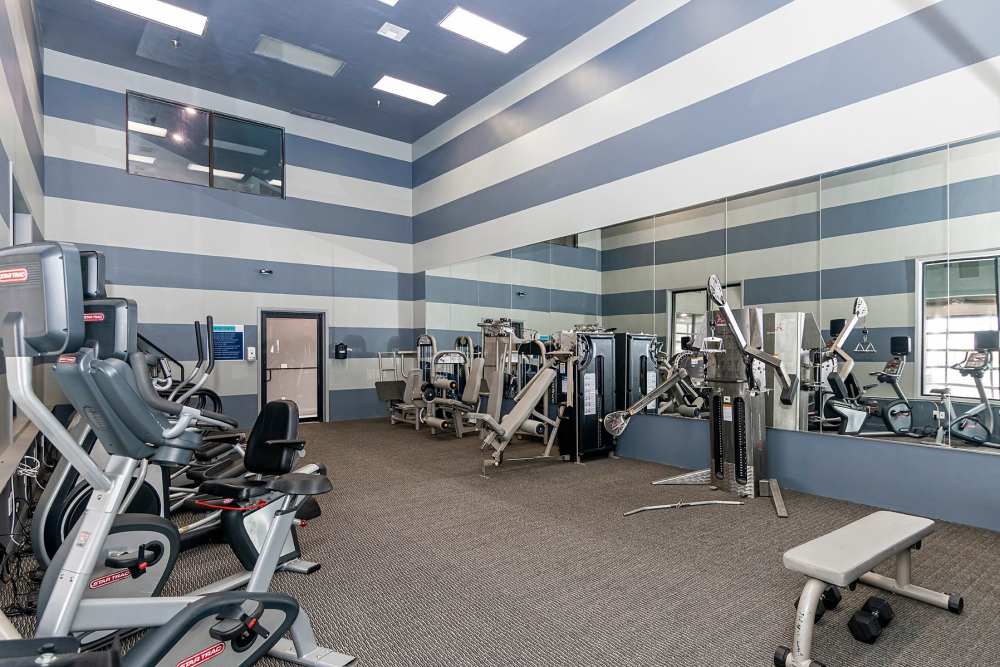 Fitness center with window at Halston in Dallas, Texas