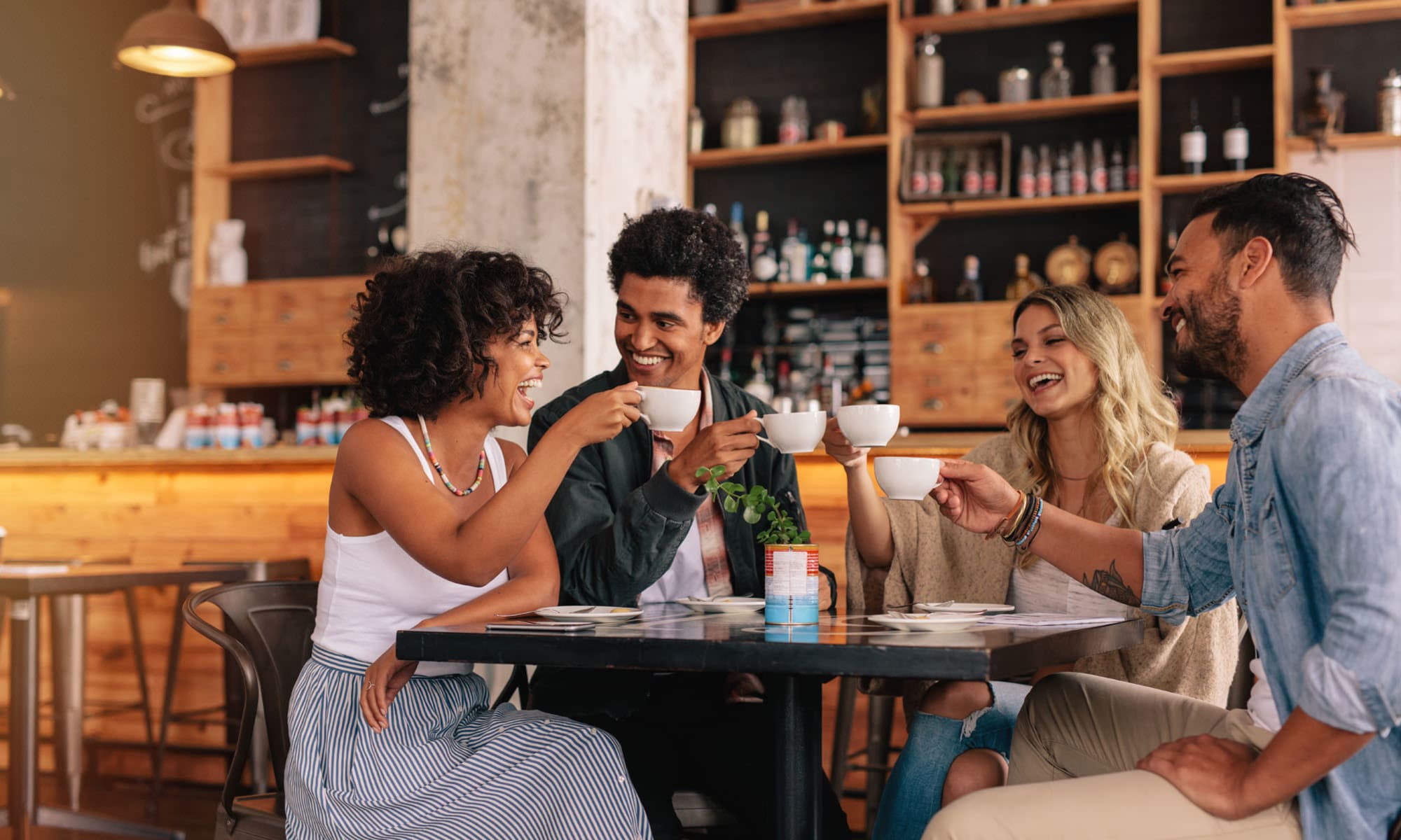 Residents meeting for coffee at their favorite café near Valley Plaza Villages in Pleasanton, California