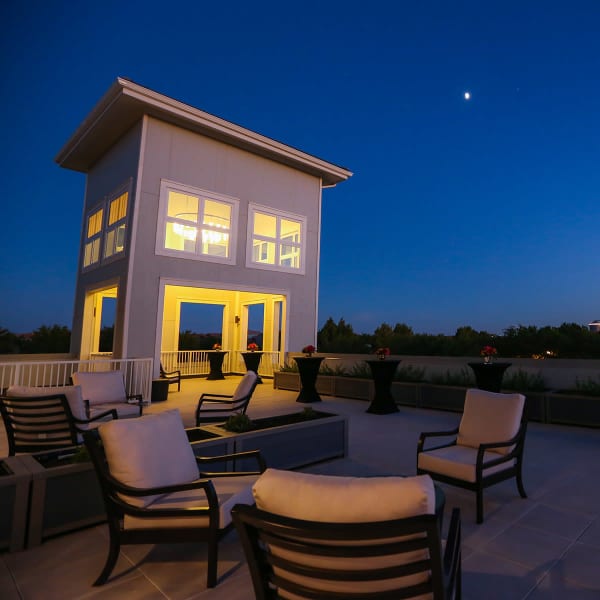 Patio and lit gazebo at night at Quail Park at Morrison Ranch in Gilbert, Arizona