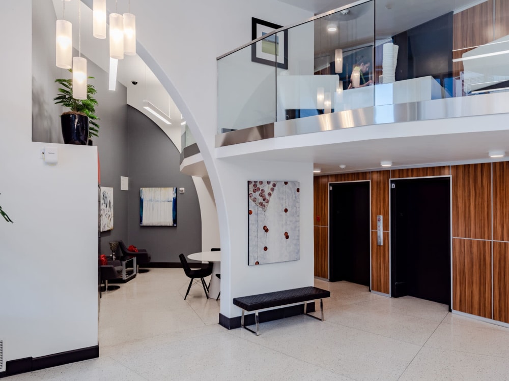 Elevator area in the lobby at Tower 801 in Seattle, Washington