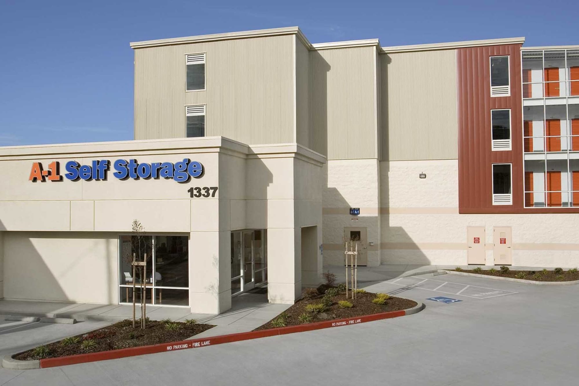 The main entrance to A-1 Self Storage in Belmont, California