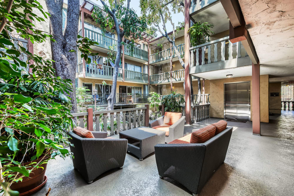 Lush flora and mature trees in a courtyard lounge area at Mediterranean Village in West Hollywood, California