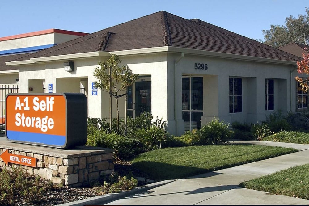 The front entrance to A-1 Self Storage in Concord, California