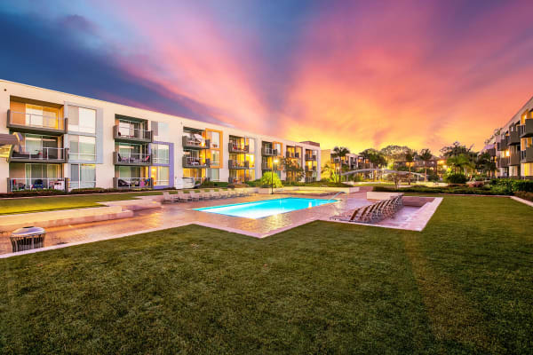 Gorgeous sunset above the pool at Waters Edge at Marina Harbor in Marina del Rey, California