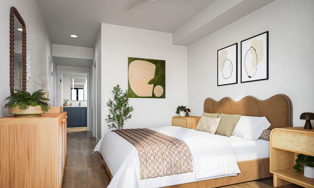 Modern furnished bedroom with wall art at Treehouse in San Diego, California