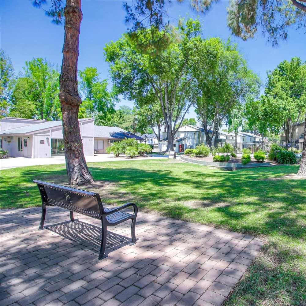 Outdoor bench in the community at Village Green Apartments in San Jose, California