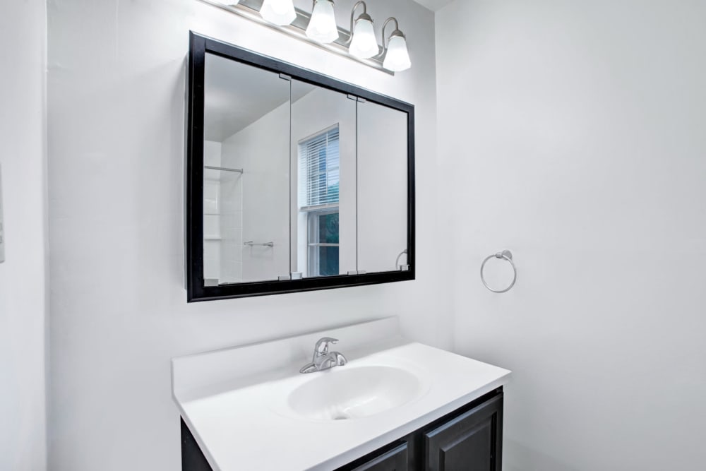 Bathroom with mirror at Laurel Run Village in Bordentown, New Jersey