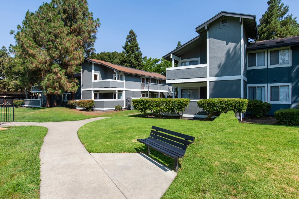 An open grassy area in front of Avery Park Apartments in Fairfield, California