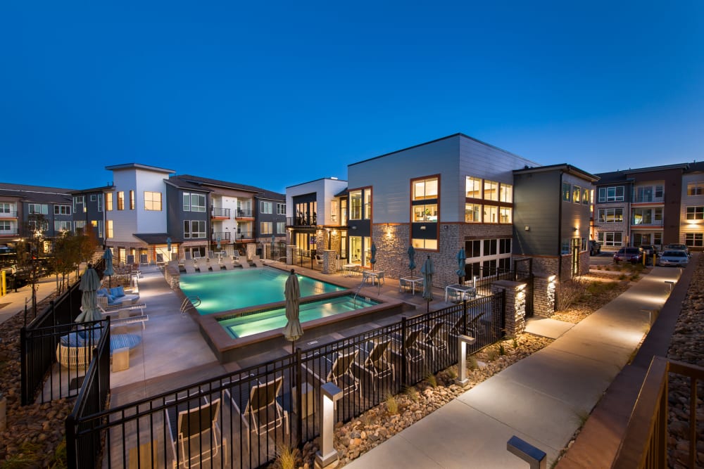 Swimming pool at dusk at Elevate in Englewood, Colorado