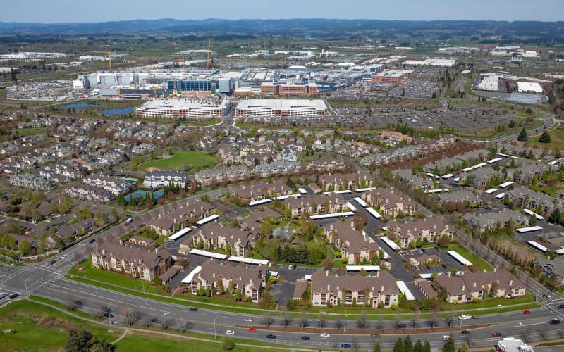 An aerial view of the property and surrounding area at The Grove at Orenco Station in Hillsboro, Oregon