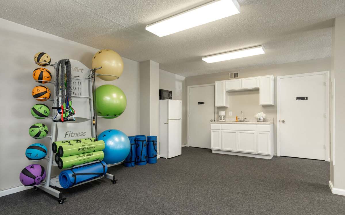 Fitness studio with exercise ball at West Village Apartments in Hillsborough, North Carolina