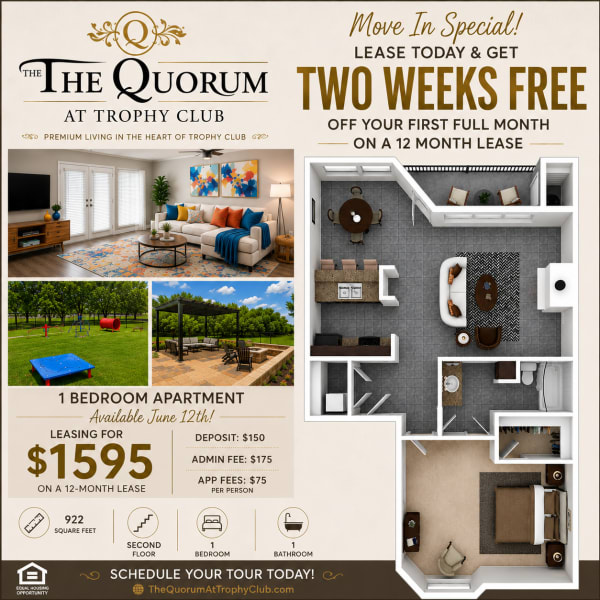 Apartment promo with modern living room and kitchen at The Quorum At Trophy Club in Trophy Club, Texas 