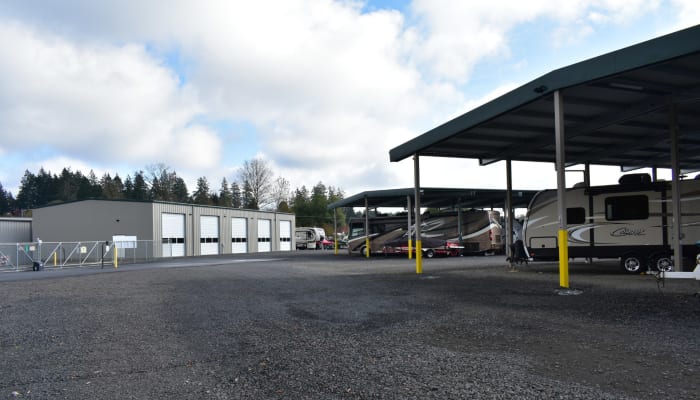 Both covered and enclosed RV storage at Newberg RV Storage in Newberg, Oregon