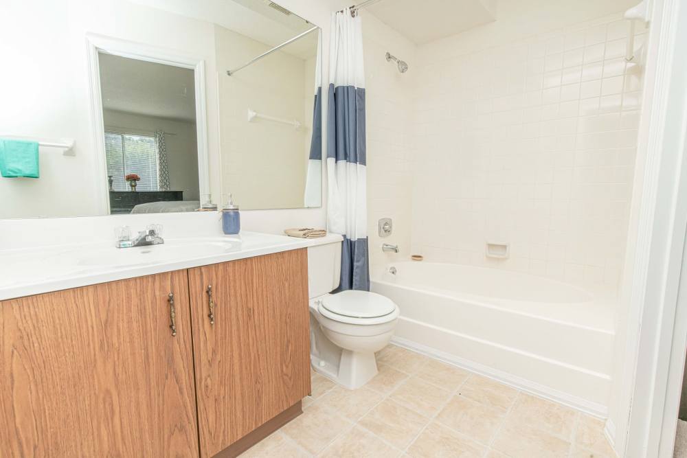 Bright bathroom with mirror, sink, commode and bathtub at Waterford Manors in Manchester, Missouri