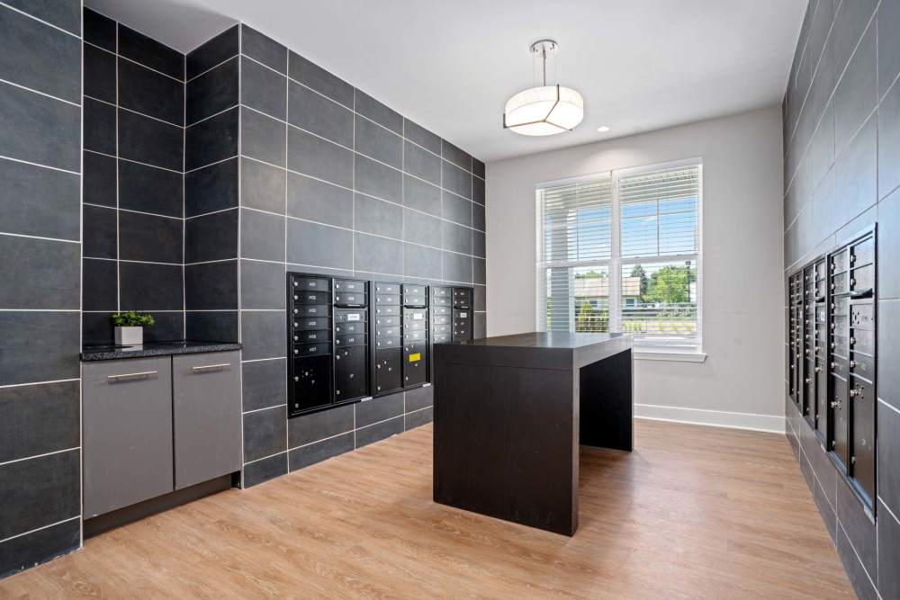 Modern mailroom with sleek black cabinets, mailboxes, and wood-style flooring, bright natural light from windows at Crestwood Manor in Frederick, Maryland
