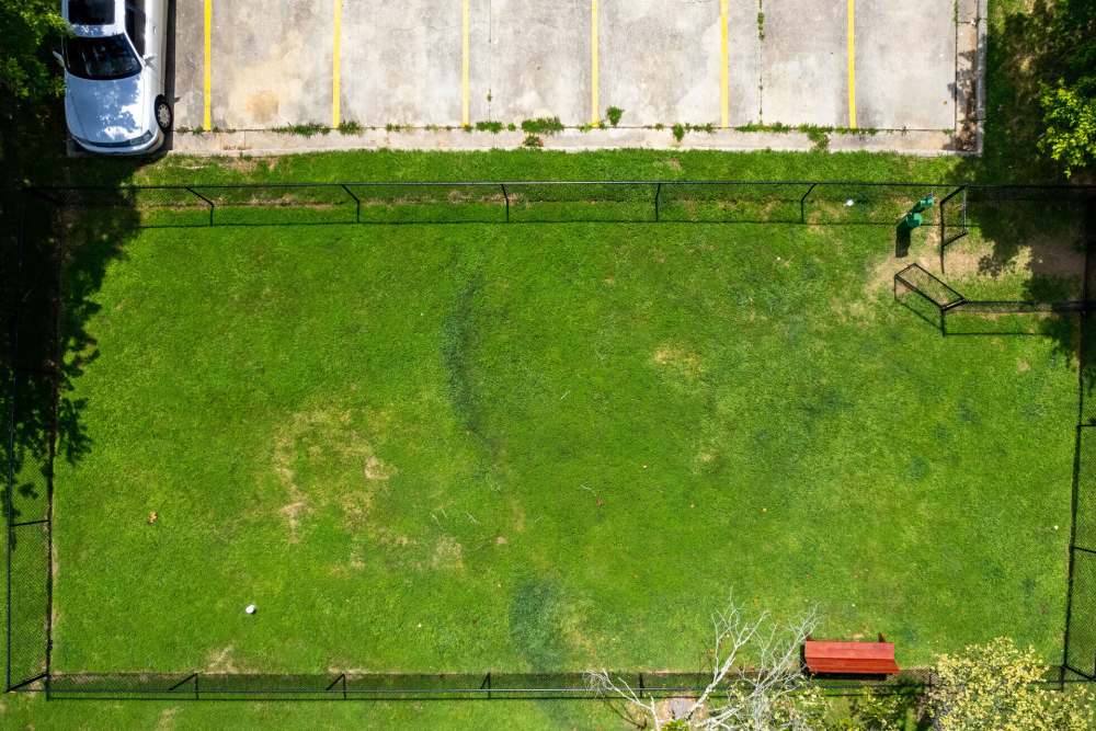 Aerial view of the dog park at West Village Apartments in Hillsborough, North Carolina