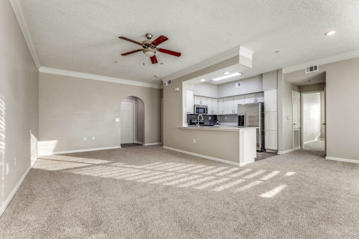 Apartment kitchen and living room at Montecito in Houston, Texas