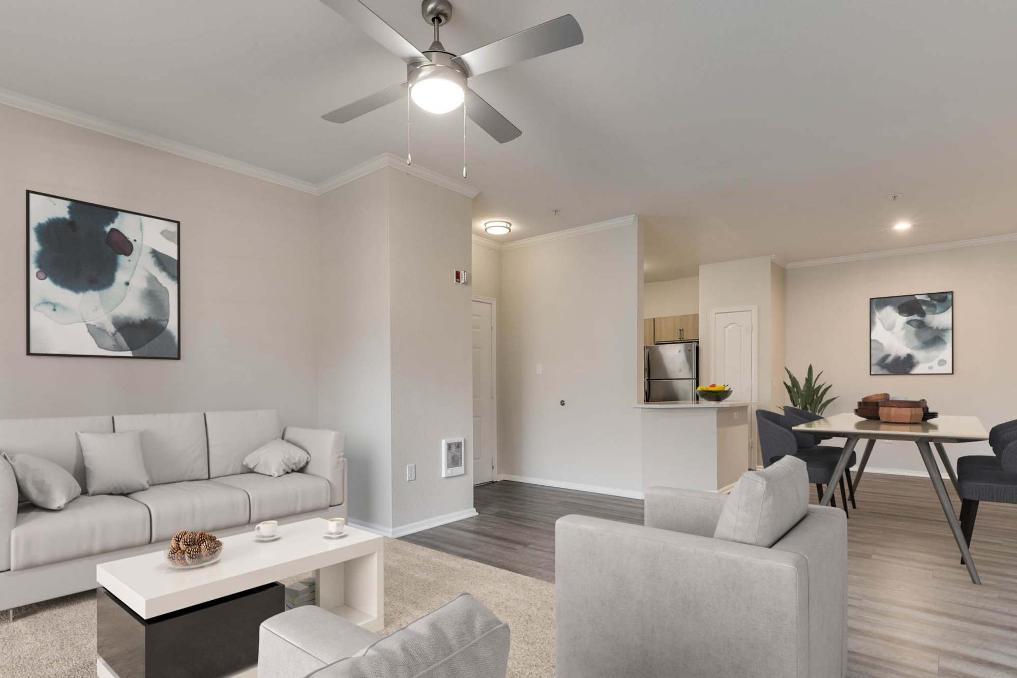 Well-furnished modern living area at The Grove at Orenco Station in Hillsboro, Oregon
