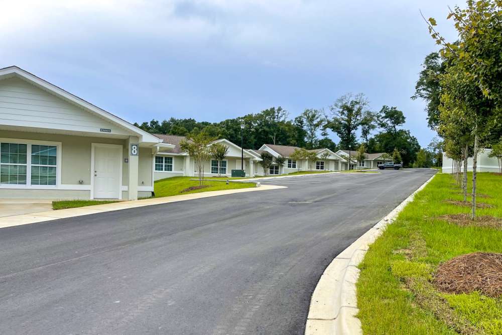 Modern apartment community with well-maintained landscaping and paved road, featuring single-story buildings at Village Springs Apartments in Defuniak Springs, Florida