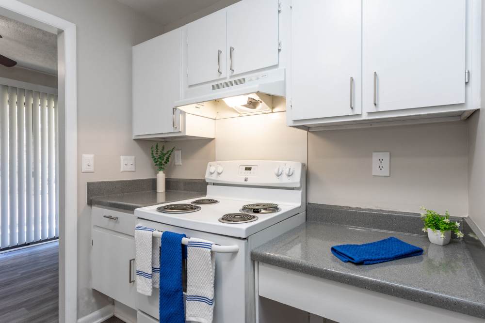 Kitchen with stove and hood at Landmark Flats in Fayetteville, North Carolina