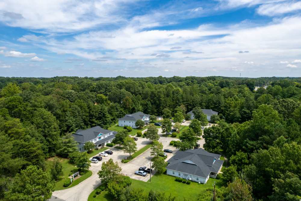 Drone shot view of the apartment community at West Village Apartments in Hillsborough, North Carolina