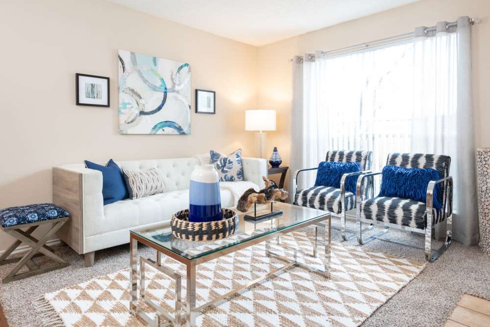 Charming living room with modern decor and cozy seating at Charter Oak in Euless, Texas. 