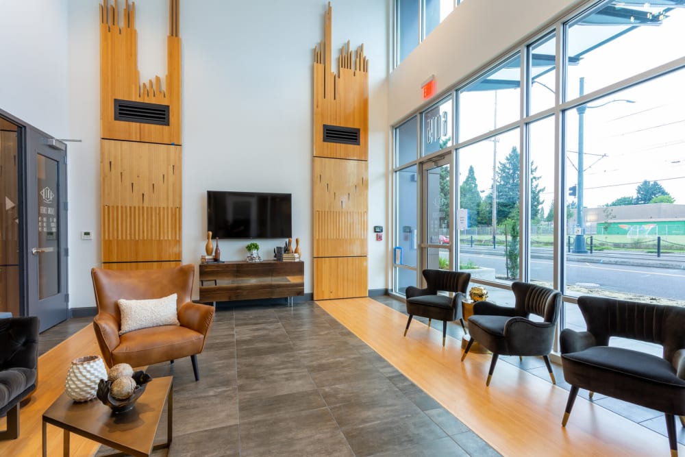 Welcoming lobby interior with modern furnishings at ArLo Apartments in Portland, Oregon