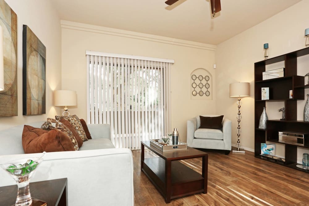 Nine-foot ceilings with ceiling fans and hardwood flooring at The Regents at Scottsdale in Scottsdale, Arizona