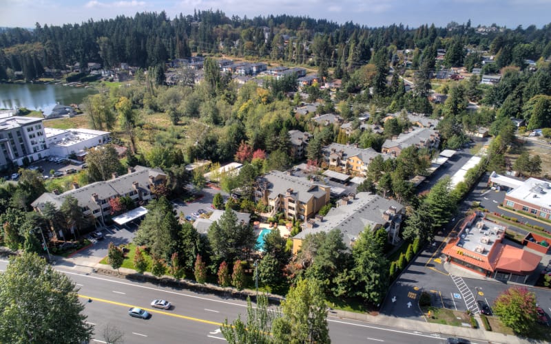 Aerial view of the property at Newport Crossing Apartments in Newcastle, Washington