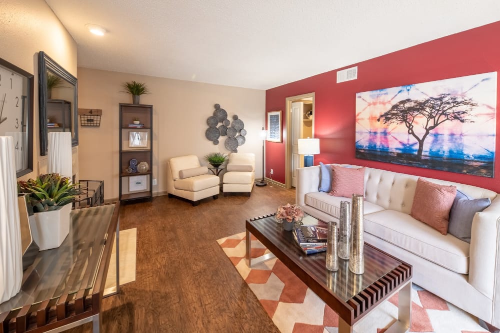 Modern decor in a model home's living room at Ridgeview Place in Irving, Texas
