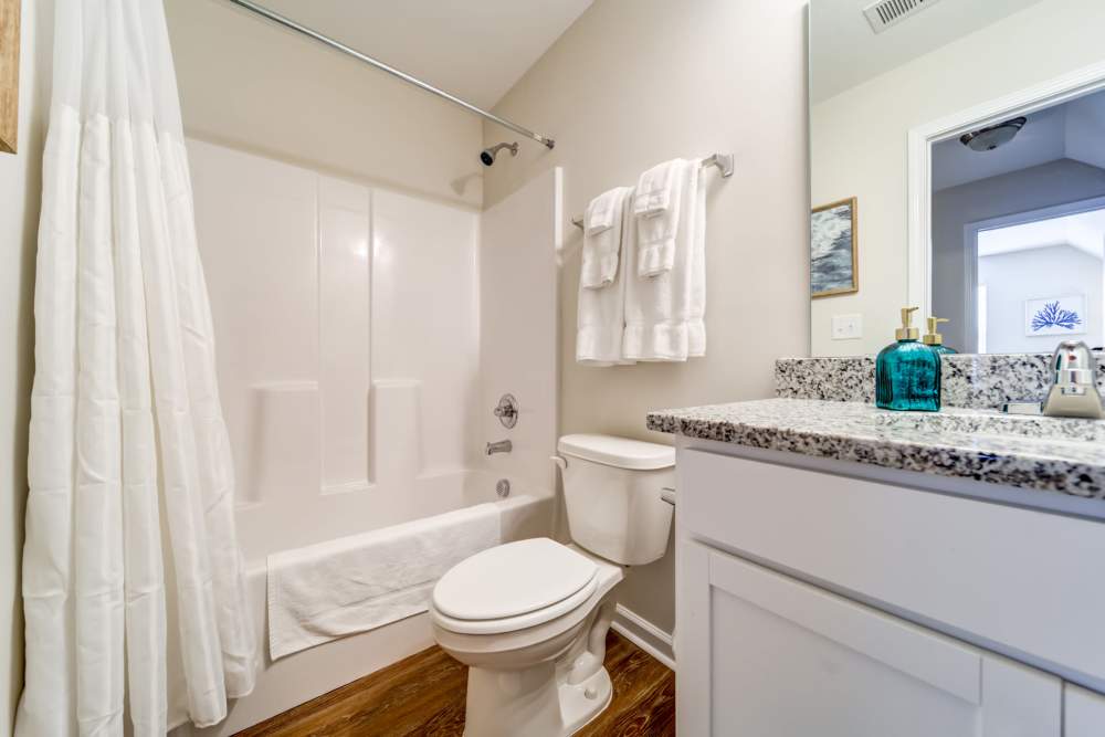 Bright bathroom at Seaglass Cottage in North Myrtle Beach, South Carolina